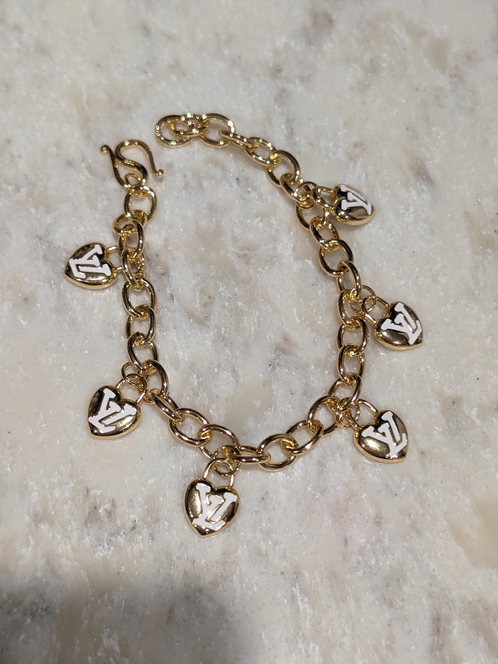 Gold Heart Charm Monogram Logo Bracelet - Designer Style